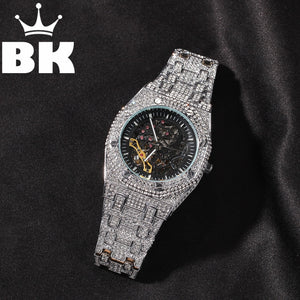 Hip Hop Full Iced Out Men Watches Stainless Steel Mechanical Luxury Rhinestones Quartz Square Wristwatches Business Watch