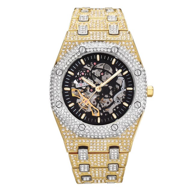 Hip Hop Full Iced Out Men Watches Stainless Steel Mechanical Luxury Rhinestones Quartz Square Wristwatches Business Watch