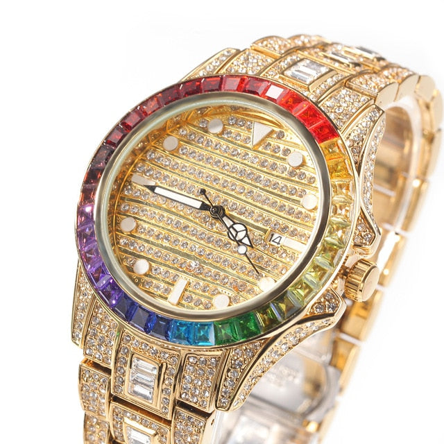 Hip Hop Full Iced Out Round Digital Stainless Watch Fashion Luxury Rhinestones Quartz Square Wristwatches Business Watch